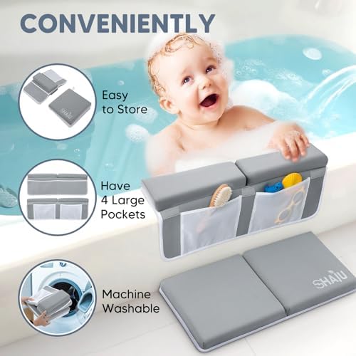 Shaju product graphic showing the folded kneeler, the four storage pockets, and the machine-washable cover